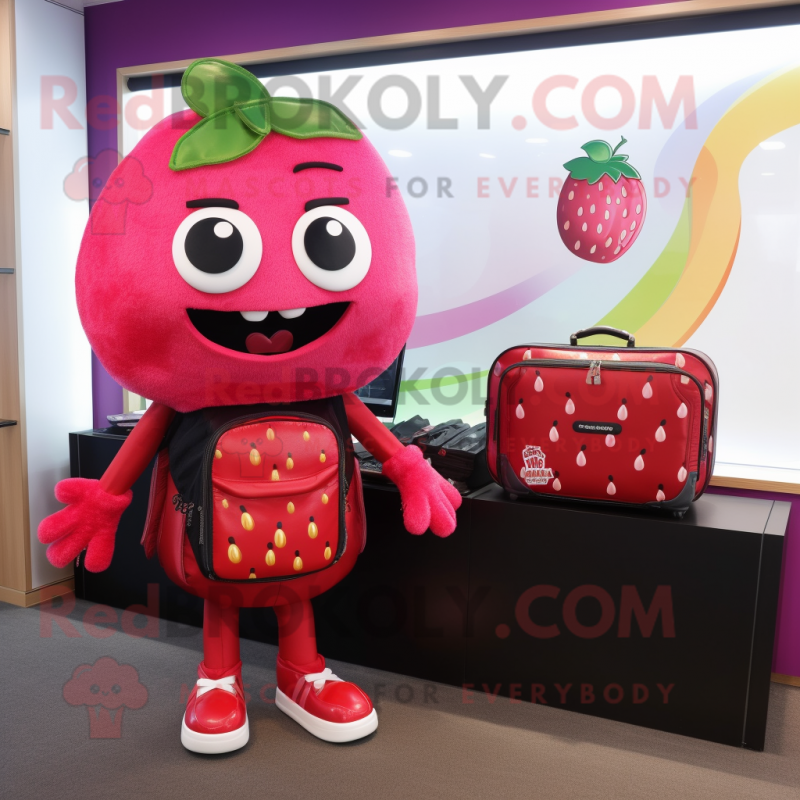 Magenta Strawberry mascot costume character dressed with a Rash Guard and Briefcases