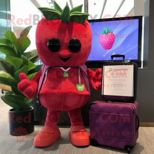 Magenta Strawberry mascot costume character dressed with a Rash Guard and Briefcases