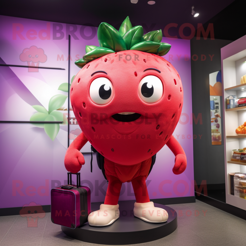Magenta Strawberry mascot costume character dressed with a Rash Guard and Briefcases Magenta Strawberry mascot costume character dressed with a Rash Guard and Briefcases