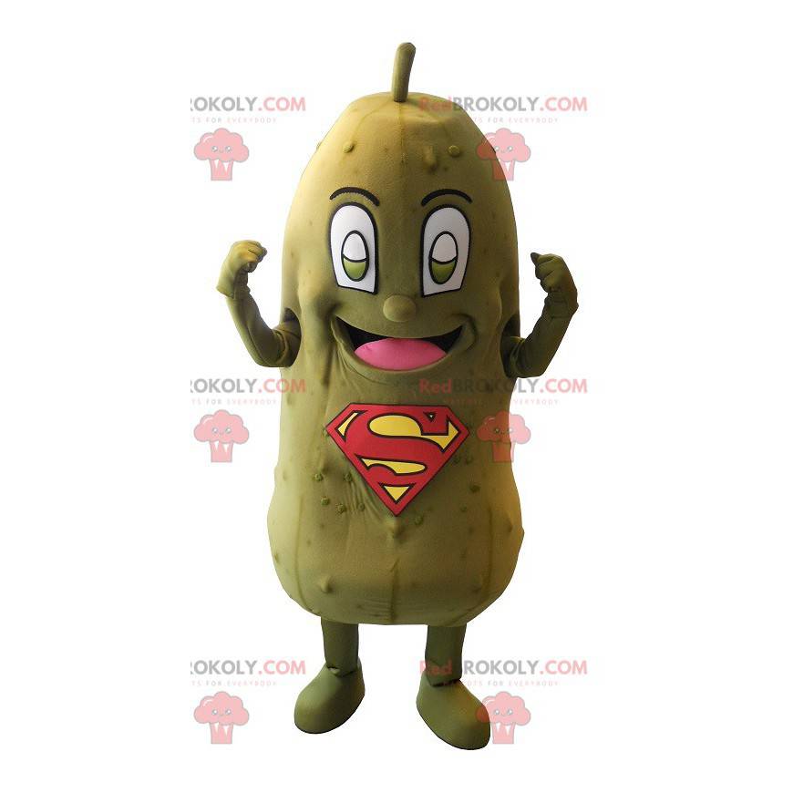 Grønn pickle maskot med SuperMan-logoen på magen -