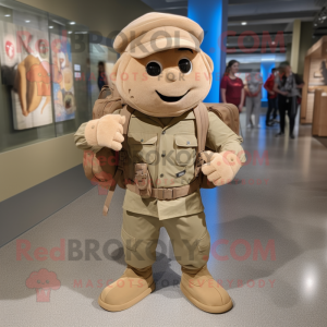 Tan Soldier mascot costume character dressed with a Boyfriend Jeans and Backpacks