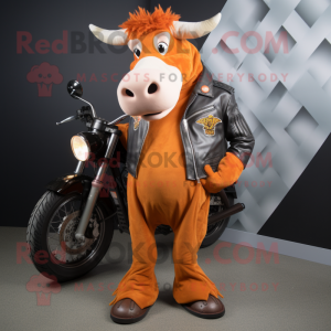 Orange Guernsey Cow mascot costume character dressed with a Biker Jacket and Foot pads