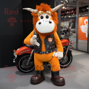 Orange Guernsey Cow mascot costume character dressed with a Biker Jacket and Foot pads
