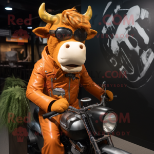 Orange Guernsey Cow mascot costume character dressed with a Biker Jacket and Foot pads