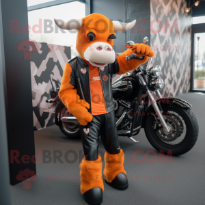 Orange Guernsey Cow mascot costume character dressed with a Biker Jacket and Foot pads