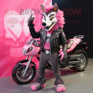 Pink Say Wolf mascot costume character dressed with a Biker Jacket and Hair clips