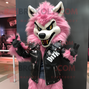 Pink Say Wolf mascot costume character dressed with a Biker Jacket and Hair clips