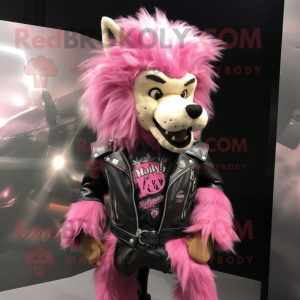 Pink Say Wolf mascot costume character dressed with a Biker Jacket and Hair clips