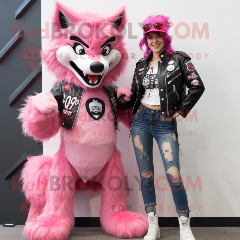 Pink Say Wolf mascot costume character dressed with a Biker Jacket and Hair clips Pink Say Wolf mascot costume character dressed with a Biker Jacket and Hair clips