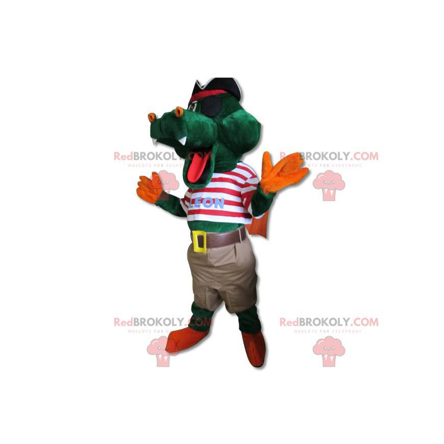 Mascota de cocodrilo verde en traje de pirata - Redbrokoly.com