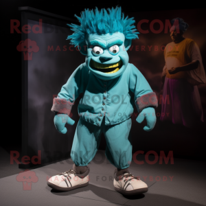 Turquoise Frankenstein mascot costume character dressed with a Joggers and Shoe laces