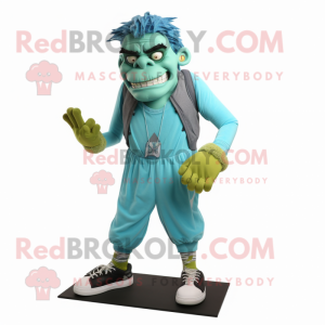 Turquoise Frankenstein mascot costume character dressed with a Joggers and Shoe laces