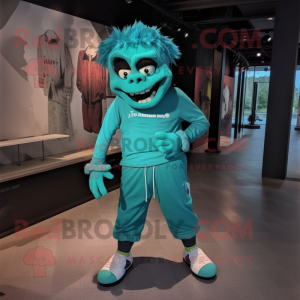 Turquoise Frankenstein mascot costume character dressed with a Joggers and Shoe laces