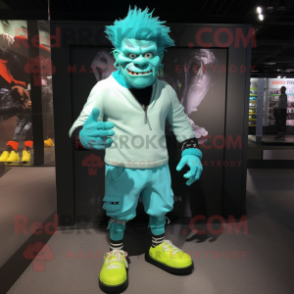 Turquoise Frankenstein mascot costume character dressed with a Joggers and Shoe laces
