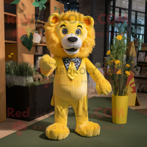 Yellow Lion mascot costume character dressed with a Bodysuit and Bow ties