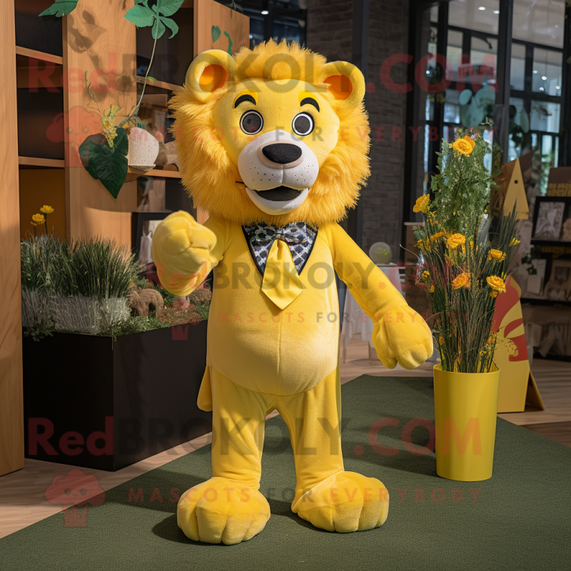 Yellow Lion mascot costume character dressed with a Bodysuit and Bow ties Yellow Lion mascot costume character dressed with a Bodysuit and Bow ties