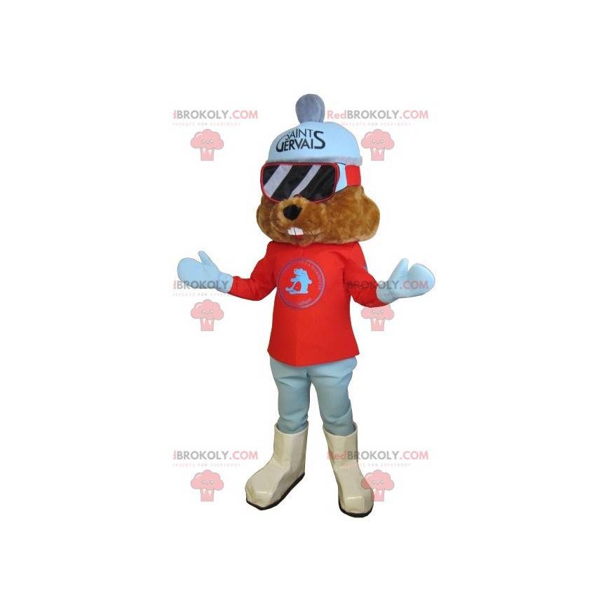 Brown marmot mascot dressed in ski outfit - Redbrokoly.com