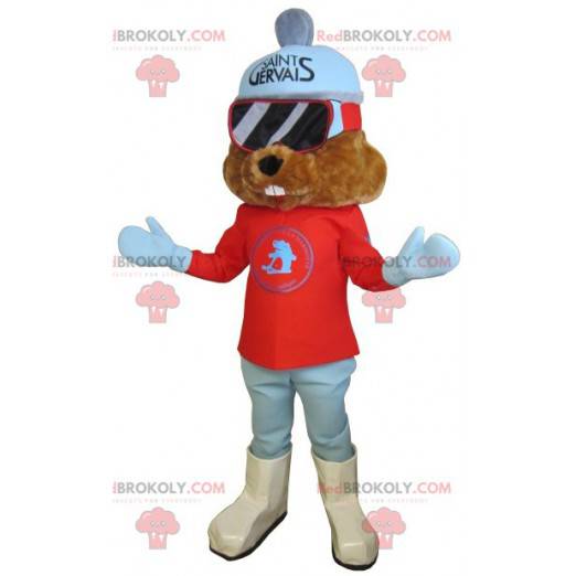 Mascotte marmotta marrone vestita in abito da sci -