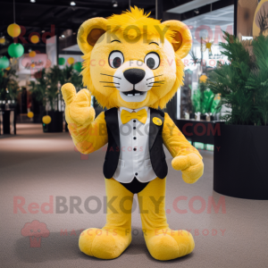 Yellow Lion mascot costume character dressed with a Bodysuit and Bow ties