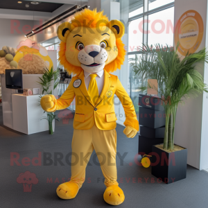 Yellow Lion mascot costume character dressed with a Bodysuit and Bow ties