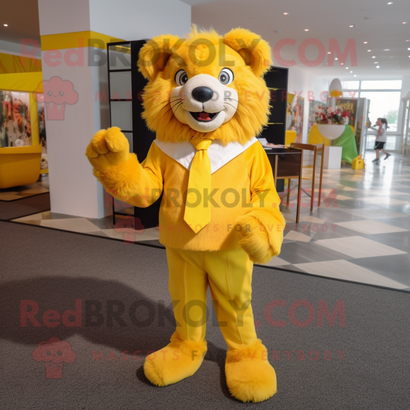 Yellow Lion mascot costume character dressed with a Bodysuit and Bow ties