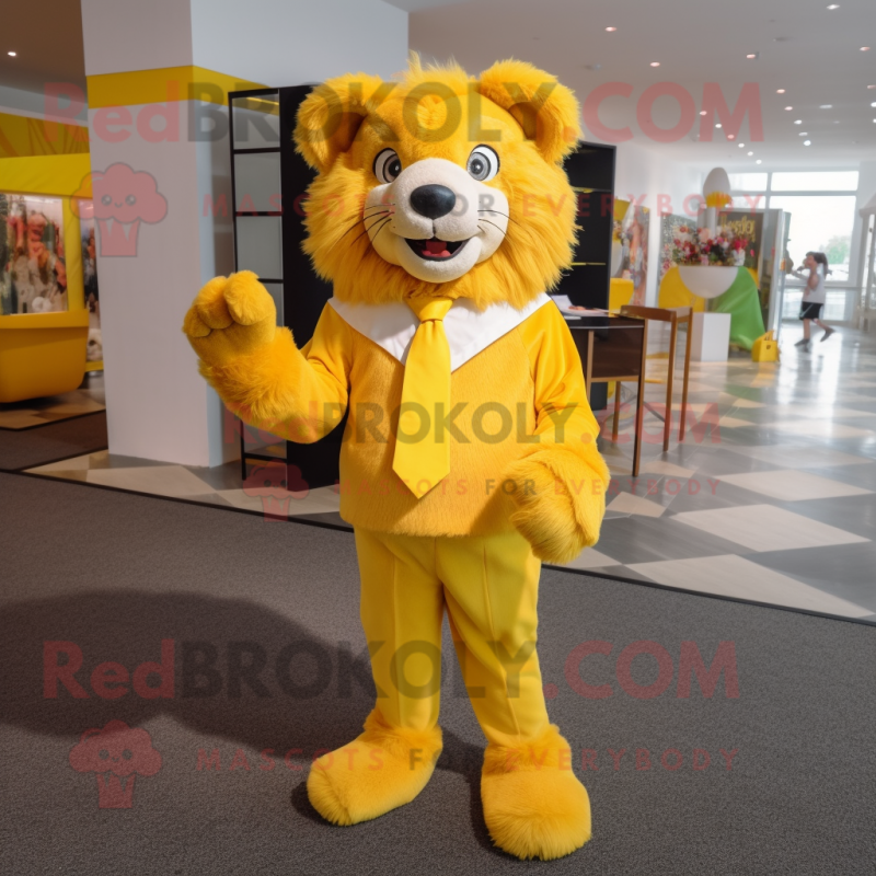 Yellow Lion mascot costume character dressed with a Bodysuit and Bow ties Yellow Lion mascot costume character dressed with a Bodysuit and Bow ties
