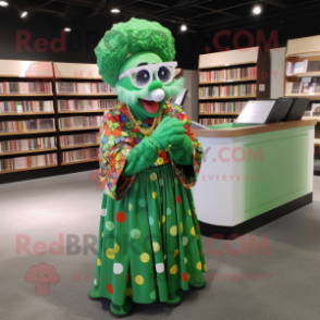 Green Clown mascot costume character dressed with a Wrap Skirt and Reading glasses