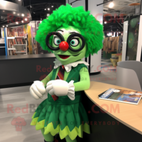 Green Clown mascot costume character dressed with a Wrap Skirt and Reading glasses