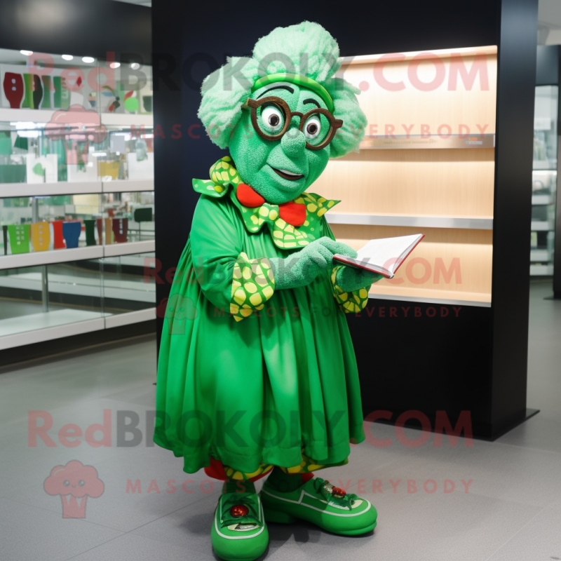 Green Clown mascot costume character dressed with a Wrap Skirt and Reading glasses