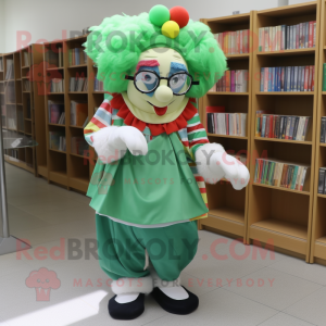 Green Clown mascot costume character dressed with a Wrap Skirt and Reading glasses