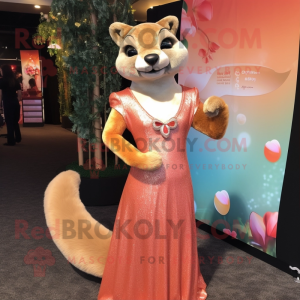 Peach Mongoose mascot costume character dressed with a Evening Gown and Earrings