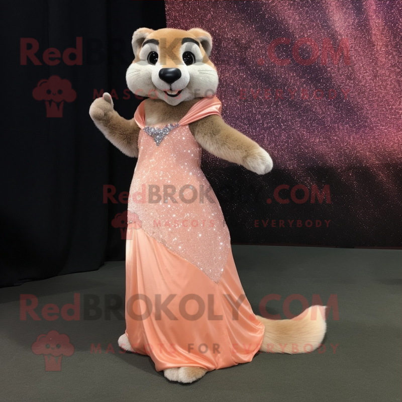 Peach Mongoose mascot costume character dressed with a Evening Gown and Earrings Peach Mongoose mascot costume character dressed with a Evening Gown and Earrings
