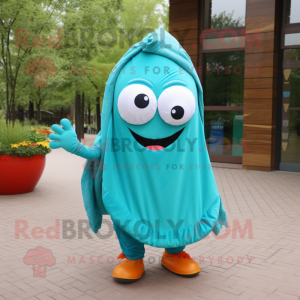 Turquoise Shakshuka mascot costume character dressed with a Shorts and Scarf clips