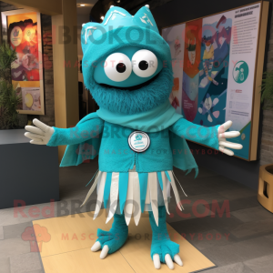 Turquoise Shakshuka mascot costume character dressed with a Shorts and Scarf clips