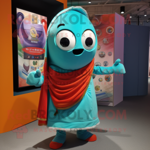 Turquoise Shakshuka mascot costume character dressed with a Shorts and Scarf clips