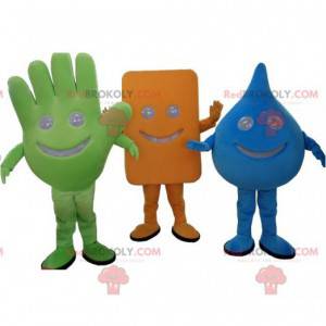 3 Maskottchen: eine grüne Hand, ein blauer Tropfen und ein