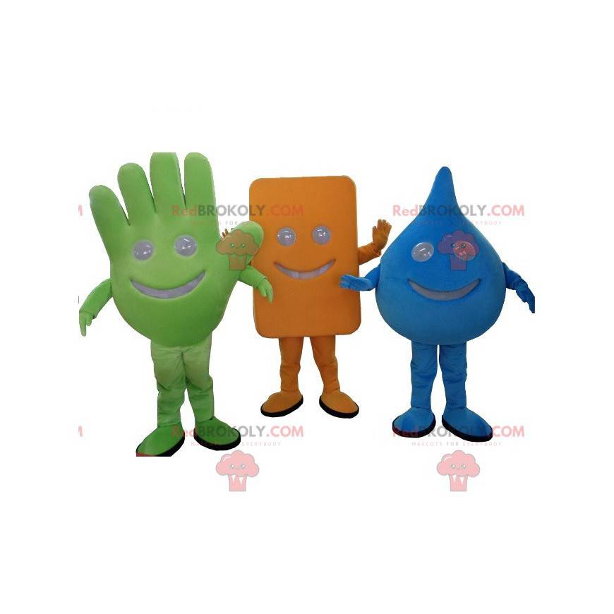 3 mascotes: uma mão verde, uma gota azul e um retângulo -