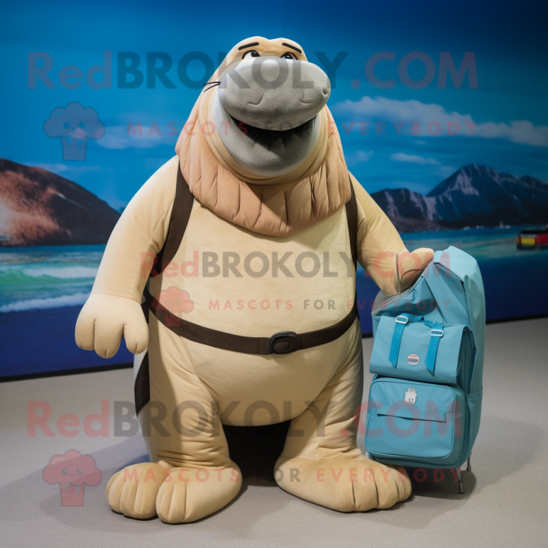 Beige Walrus mascot costume character dressed with a Swimwear and Backpacks Beige Walrus mascot costume character dressed with a Swimwear and Backpacks