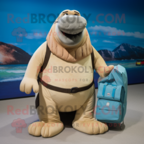 Beige Walrus mascot costume character dressed with a Swimwear and Backpacks