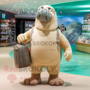 Beige Walrus mascot costume character dressed with a Swimwear and Backpacks