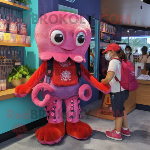 Magenta Octopus mascot costume character dressed with a Denim Shorts and Coin purses