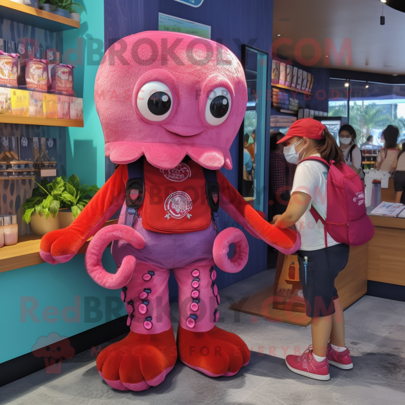 Magenta Octopus mascot costume character dressed with a Denim Shorts and Coin purses