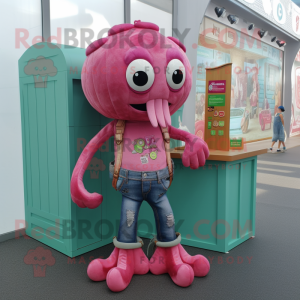 Magenta Octopus mascot costume character dressed with a Denim Shorts and Coin purses