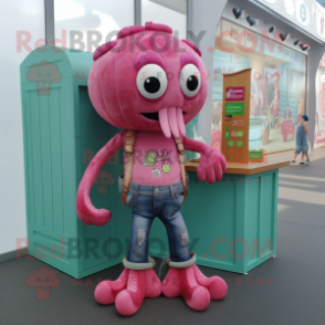 Magenta Octopus mascot costume character dressed with a Denim Shorts and Coin purses