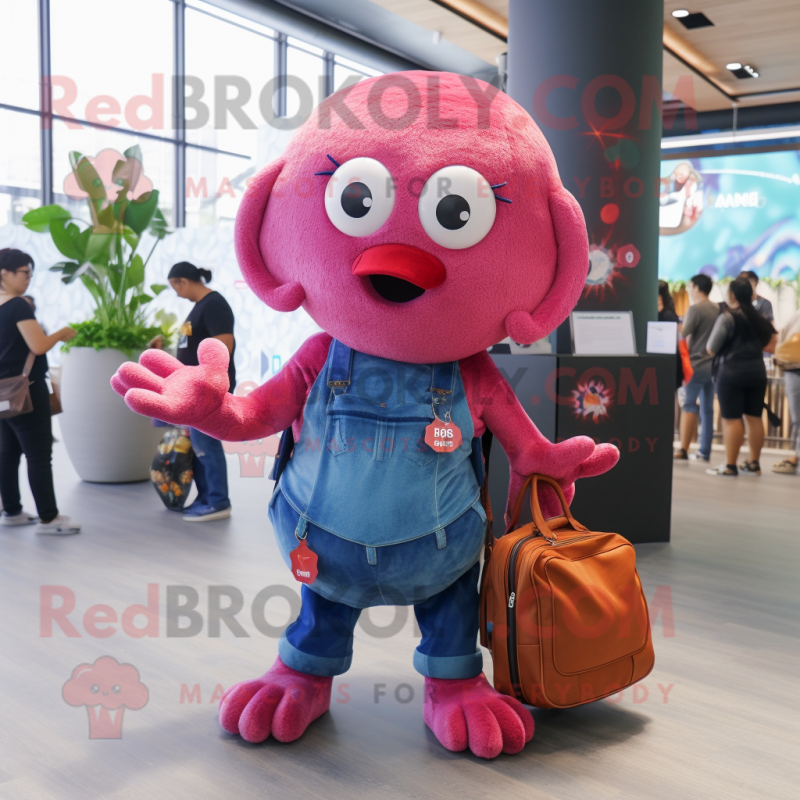 Magenta Octopus mascot costume character dressed with a Denim Shorts and Coin purses Magenta Octopus mascot costume character dressed with a Denim Shorts and Coin purses