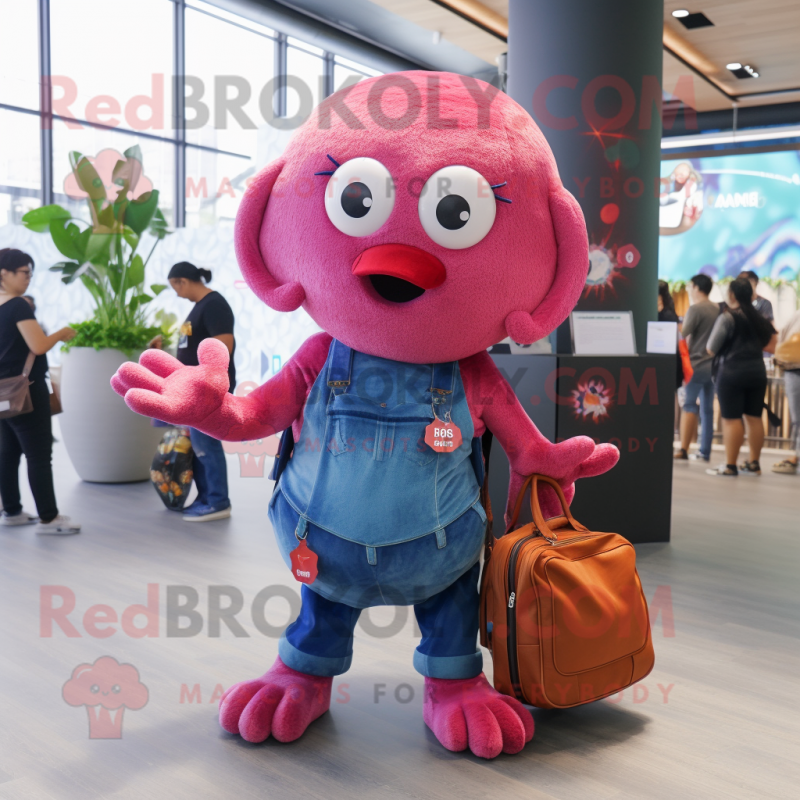 Magenta Octopus mascot costume character dressed with a Denim Shorts and Coin purses