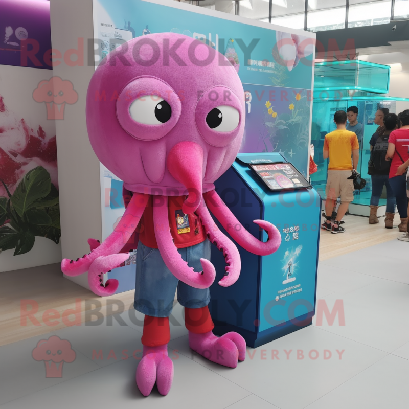 Magenta Octopus mascot costume character dressed with a Denim Shorts and Coin purses Magenta Octopus mascot costume character dressed with a Denim Shorts and Coin purses
