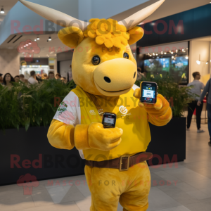Gold Beef Wellington mascot costume character dressed with a Jeans and Smartwatches