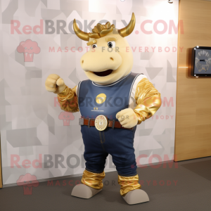 Gold Beef Wellington mascot costume character dressed with a Jeans and Smartwatches