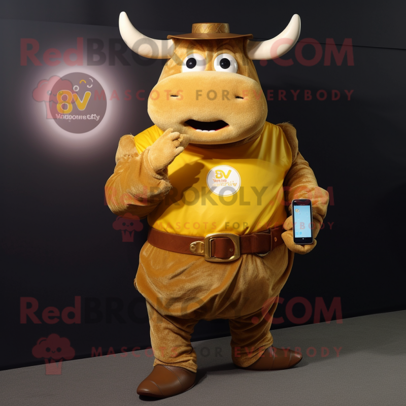Gold Beef Wellington mascot costume character dressed with a Jeans and Smartwatches Gold Beef Wellington mascot costume character dressed with a Jeans and Smartwatches